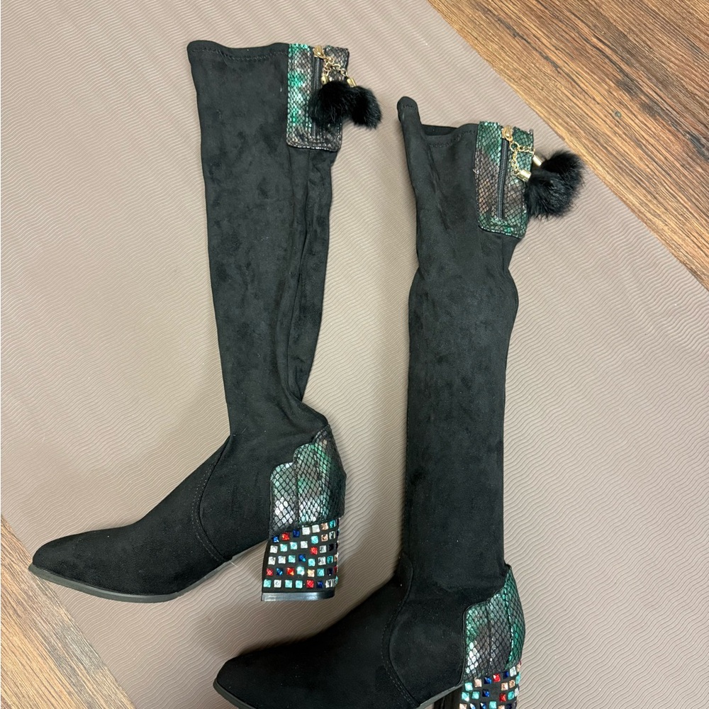 New !Elegant Black Over-the-Knee Boots with Multicolor Heel size6
